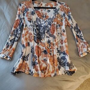 Lucky Brand Orange and Blue Long Sleeve Pleated Blouse